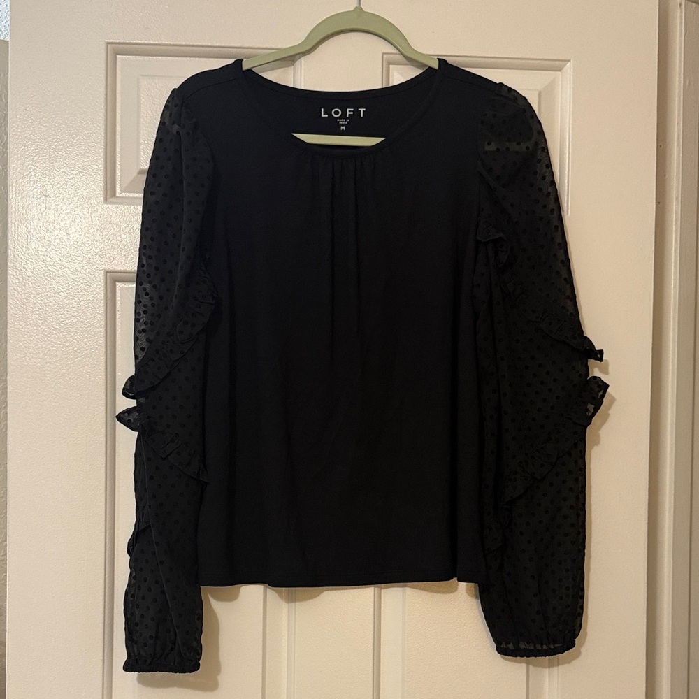 LOFT Black Blouse with Sheer Polka Dot Sleeves
